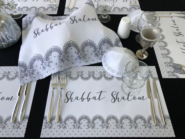 Shabbat Shalom Placemats Grey Lace