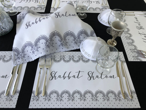 Shabbat Shalom Challah Cover, Grey Lace