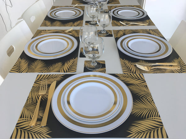 Tropical 12 Placemats plus 12 Coasters Gold Black