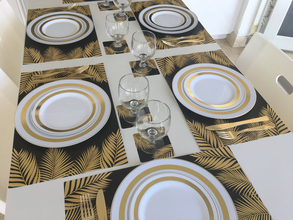 Tropical 12 Placemats plus 12 Coasters Gold Black