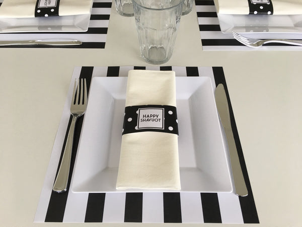 Shavuot Placemats + Napkin rings - Black and White Bars
