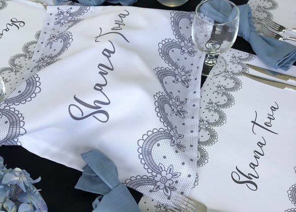 Rosh Hashanah table set for 12 ppl - Placemats, Challah Cover and Simanim Cards - Black & Gold