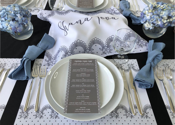 Rosh Hashanah table set for 12 ppl - Placemats, Challah Cover and Simanim Cards - Black & Gold