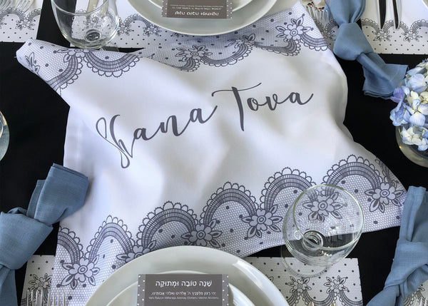 Rosh Hashanah table set for 12 ppl - Placemats, Challah Cover and Simanim Cards - Black & Gold