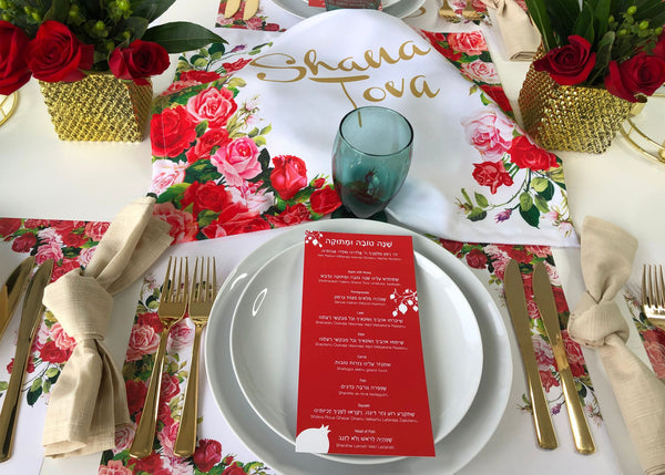 Rosh Hashanah table set for 12 ppl - Placemats, Challah Cover and Simanim Cards - Red roses & pom