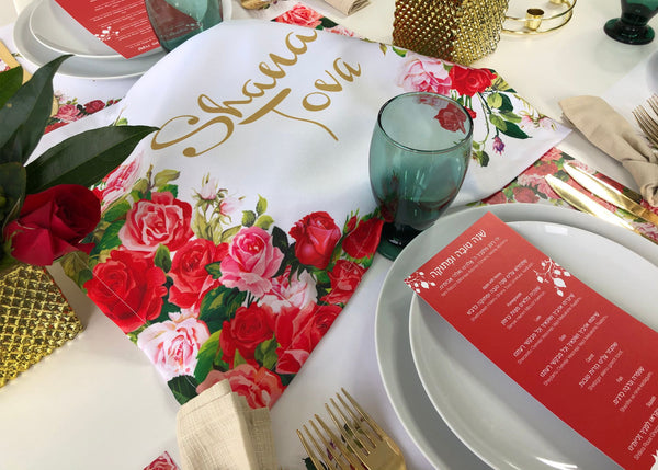 Rosh Hashanah table set for 12 ppl - Placemats, Challah Cover and Simanim Cards - Red roses & pom