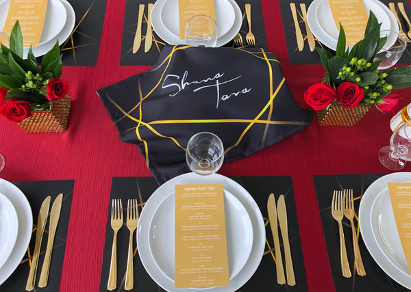 Rosh Hashanah table set for 12 ppl - Placemats, Challah Cover and Simanim Cards -Black & Gold