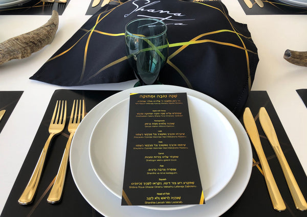 Rosh Hashanah table set for 12 ppl - Placemats, Challah Cover and Simanim Cards - Black & Gold