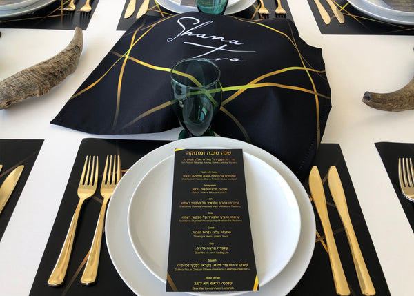 Rosh Hashanah table set for 12 ppl - Placemats, Challah Cover and Simanim Cards - Black & Gold