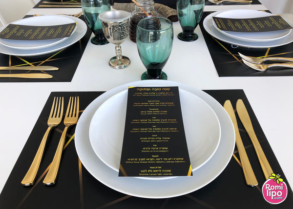 Rosh Hashanah table set for 12 ppl - Placemats, Challah Cover and Simanim Cards - Black & Gold