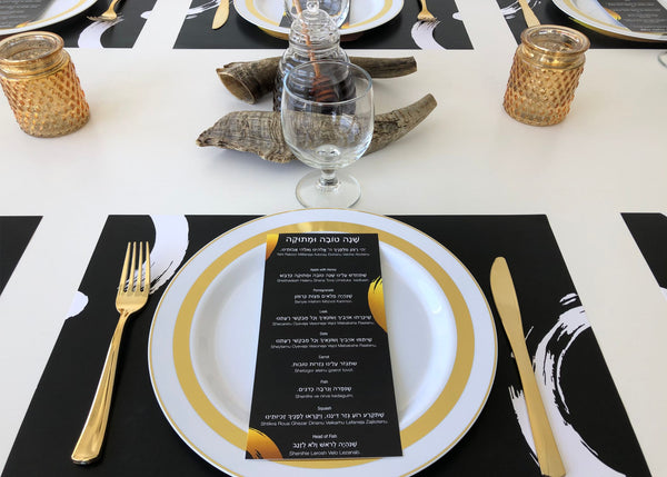Rosh Hashanah blessing cards, black and gold round