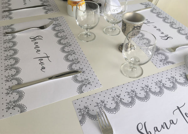 Rosh Hashanah Placemats, grey lace, set of 12