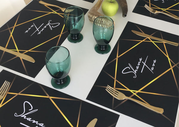 Rosh Hashanah Placemats, black and gold lines, set of 12