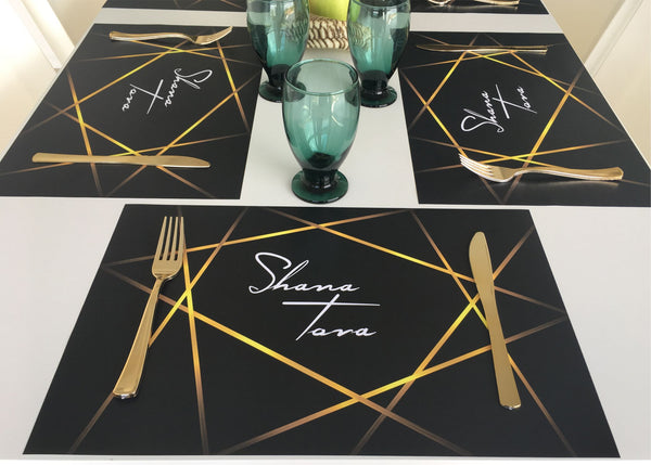 Rosh Hashanah table set for 12 ppl - Placemats, Challah Cover and Simanim Cards -Black & Gold