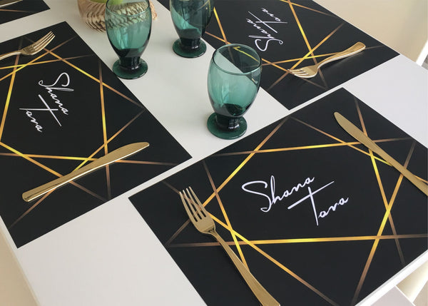 Rosh Hashanah Placemats, black and gold lines, set of 12