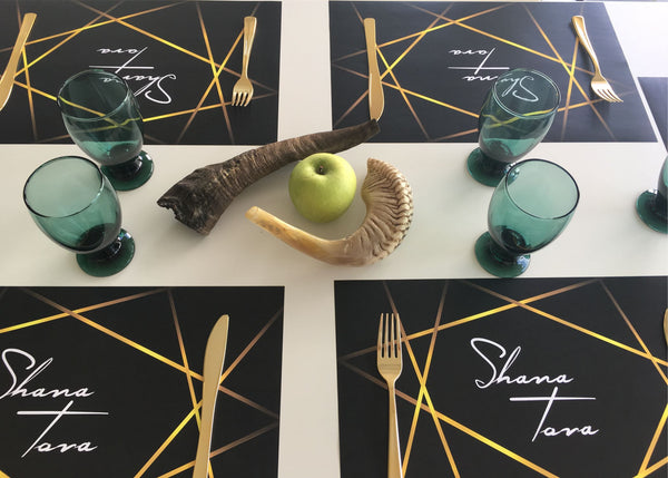 Rosh Hashanah Placemats, black and gold lines, set of 12