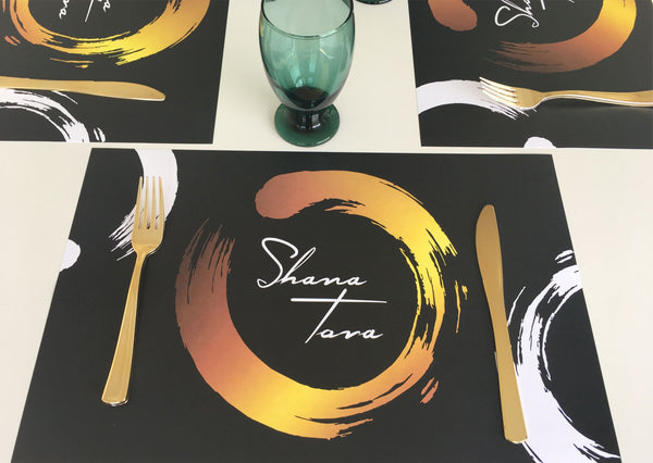 Rosh Hashanah Placemats, abstract gold ring, set of 12