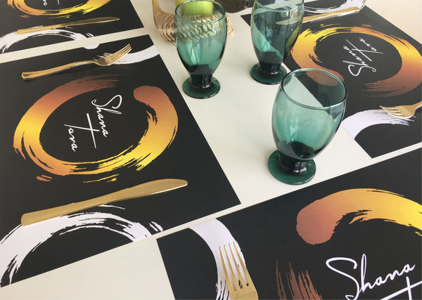 Rosh Hashanah Placemats, abstract gold ring, set of 12