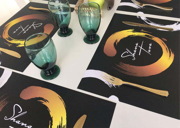Rosh Hashanah Placemats, abstract gold ring, set of 12
