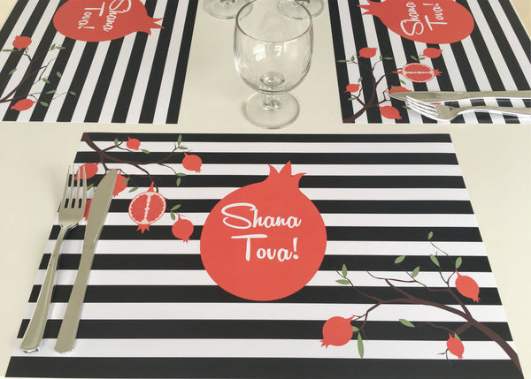 Rosh Hashanah Placemats, black and white lines with pom. set of 12