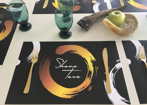 Rosh Hashanah Placemats, abstract gold ring, set of 12