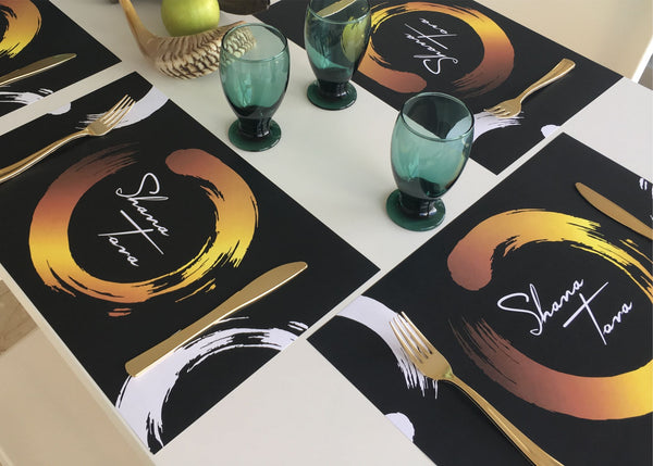 Rosh Hashanah Placemats, abstract gold ring, set of 12