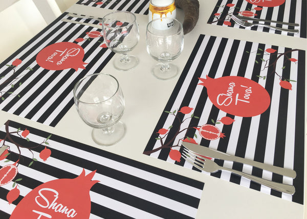 Rosh Hashanah Placemats, black and white lines with pom. set of 12