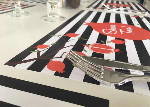 Rosh Hashanah Placemats, black and white lines with pom. set of 12