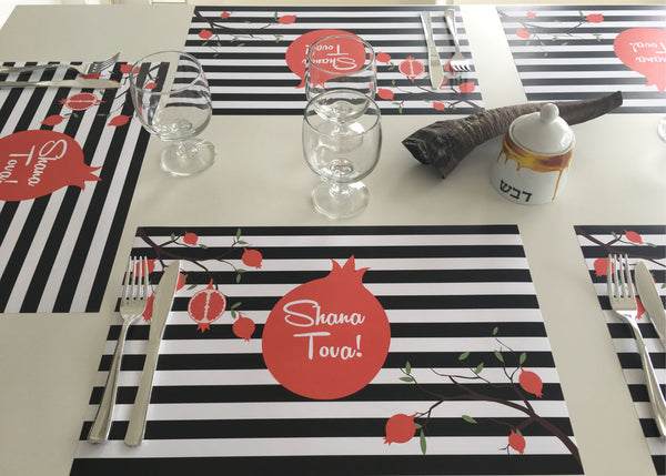 Rosh Hashanah Placemats, black and white lines with pom. set of 12