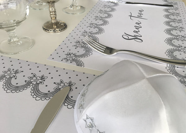 Rosh Hashanah Placemats, grey lace, set of 12