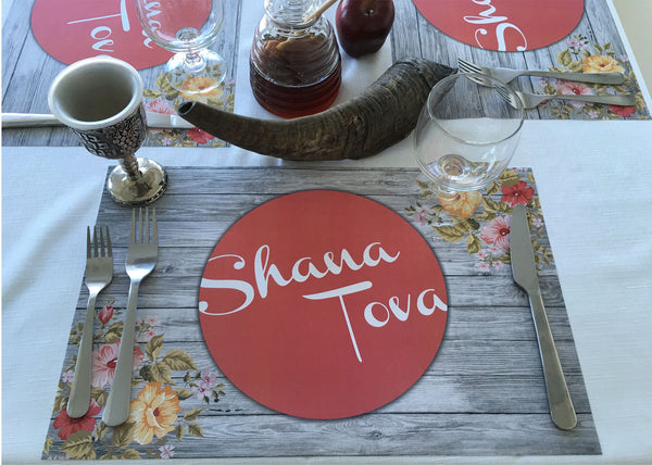 Rosh Hashanah Placemats, woo with floral, set of 12