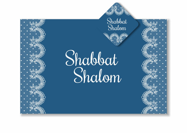 Shabbat Shalom SET of  Placemats + Coasters  Blue Lace