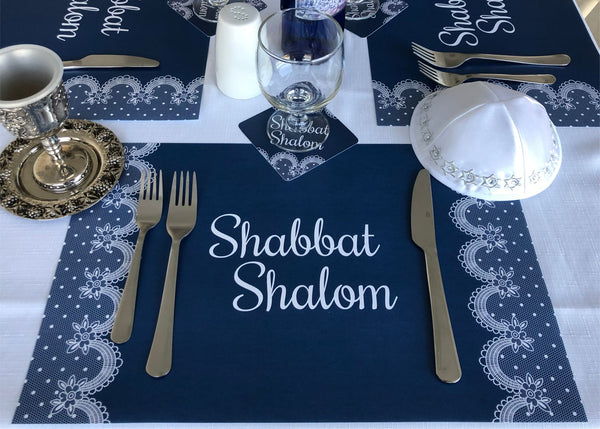 Shabbat Shalom SET of  Placemats + Coasters  Blue Lace