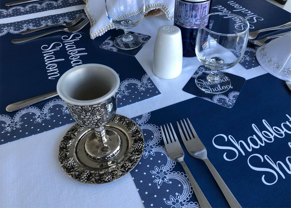 Shabbat Shalom SET of  Placemats + Coasters  Blue Lace