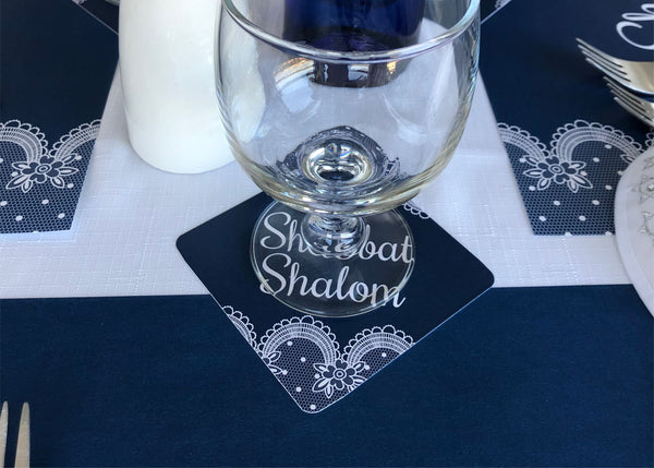 Shabbat Shalom SET of  Placemats + Coasters  Blue Lace