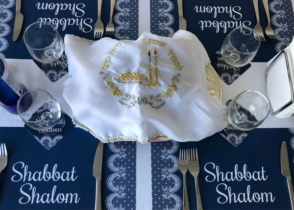 Shabbat Shalom SET of  Placemats + Coasters  Blue Lace