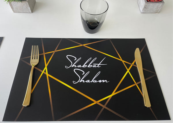 Shabbat Shalom Placemats Elegant Black and Gold