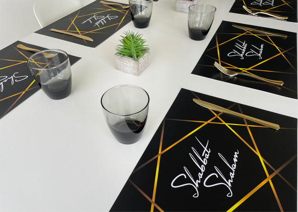 Shabbat Shalom Placemats Elegant Black and Gold