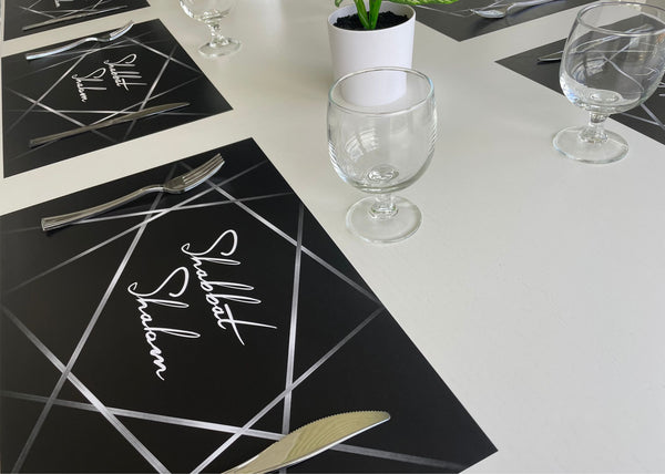 Shabbat Shalom Placemats Elegant Black and Grey