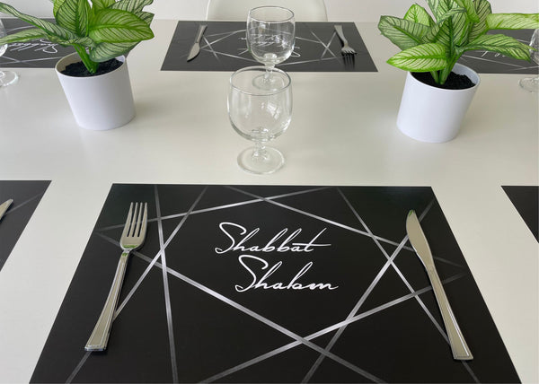 Shabbat Shalom Placemats Elegant Black and Grey