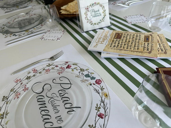 Passover 4 x SET Flowers - 12 Placemats Flowers + 20 Napkins + 12 coasters plagues + 12 Green Stripes Placemats