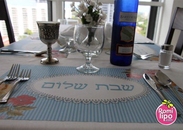 Placemats, Set of 12 11 x 17  Shabbat Shalom Hebrew Flowers