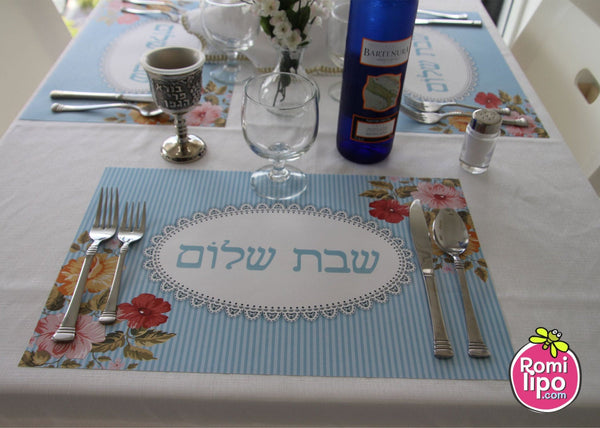 Placemats, Set of 12 11 x 17  Shabbat Shalom Hebrew Flowers