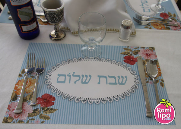 Placemats, Set of 12 11 x 17  Shabbat Shalom Hebrew Flowers