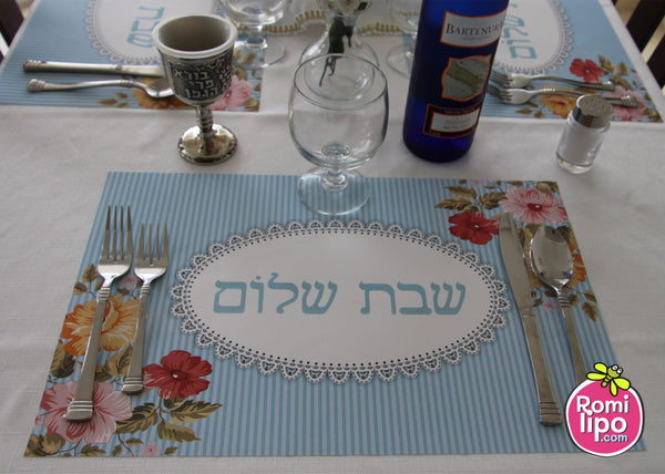 Placemats, Set of 12 11 x 17  Shabbat Shalom Hebrew Flowers