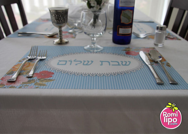 Placemats, Set of 12 11 x 17  Shabbat Shalom Hebrew Flowers