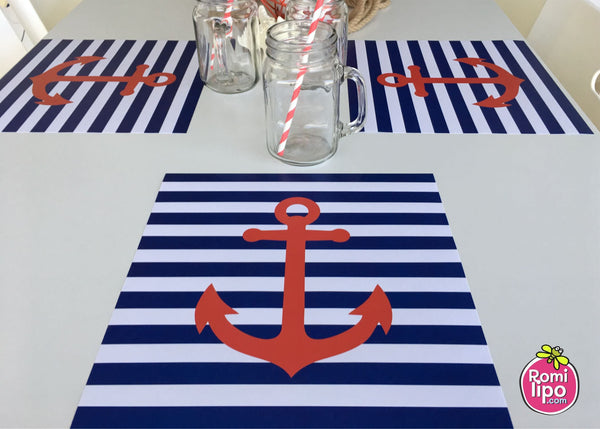 Placemats, Set of 12 Square 11 x 11  Nautical, red anchor