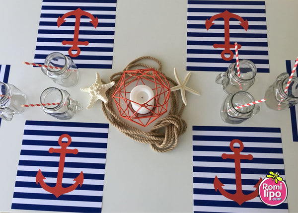 Placemats, Set of 12 Square 11 x 11  Nautical, red anchor