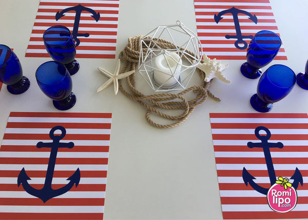 Placemats, Set of  12 Square 11 x 11 nautical, Red white and Blue