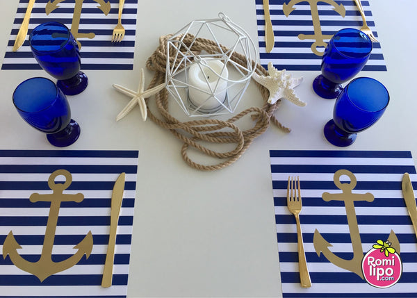 Placemats, Set of 12 Square 11 x 11  Nautical, blue and gold anchor